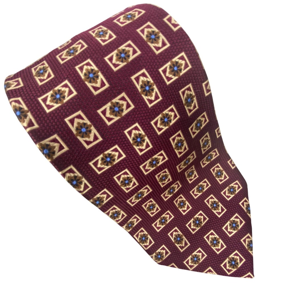 HAROLD‎ POWELL Mens Silk Tie Burgundy Geometric Medallion Jacquard 58x4
